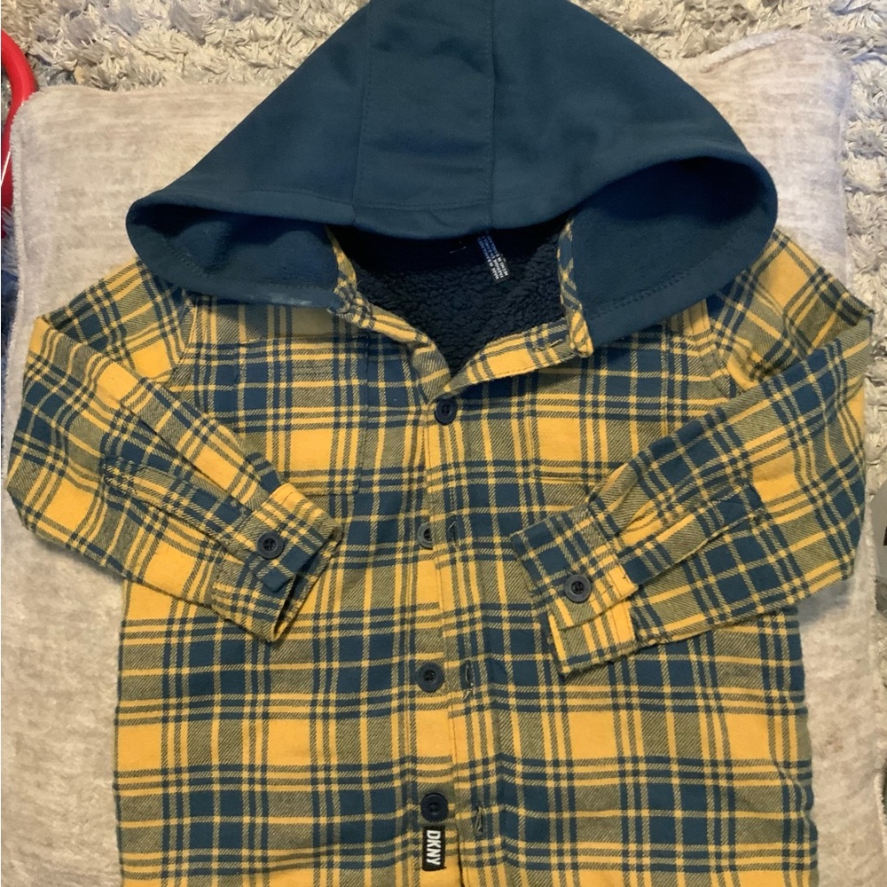 DKNY Blue and Yellow Plaid Hooded Shirt